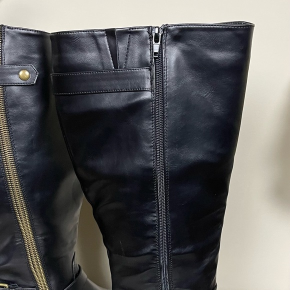 Charlotte Russe Corryn Edgy Wide-Calf Asymmetrical Gold Zipper Buckled Moto Boot - Picture 11 of 16